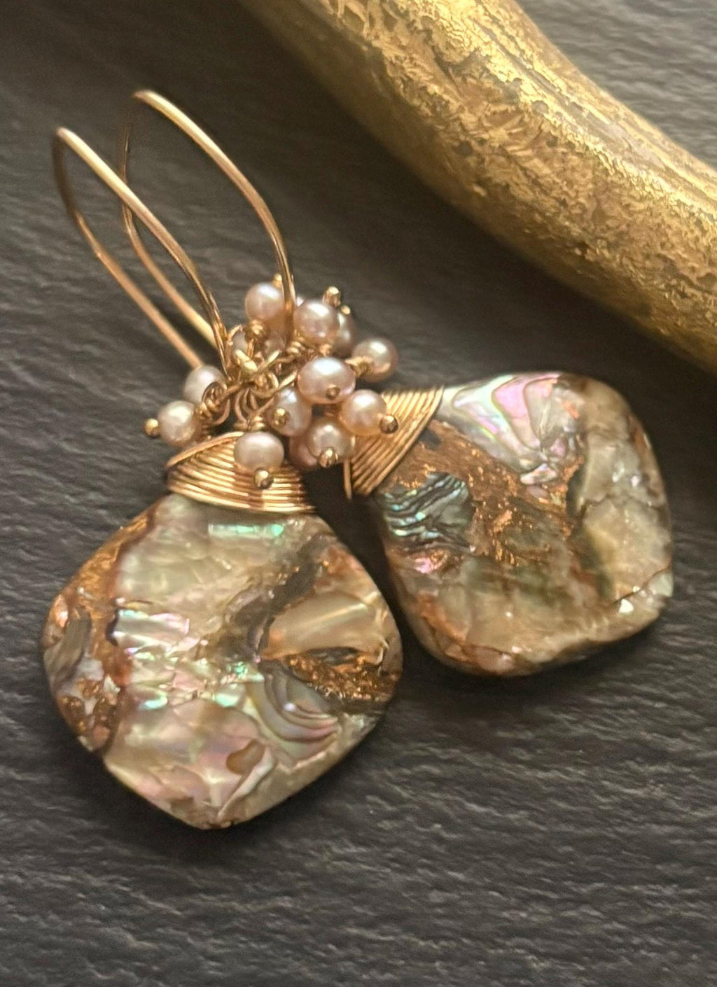 Copper Abalone Shell Earrings, 14K Gold Filled, Freshwater Pearl Drop Earrings