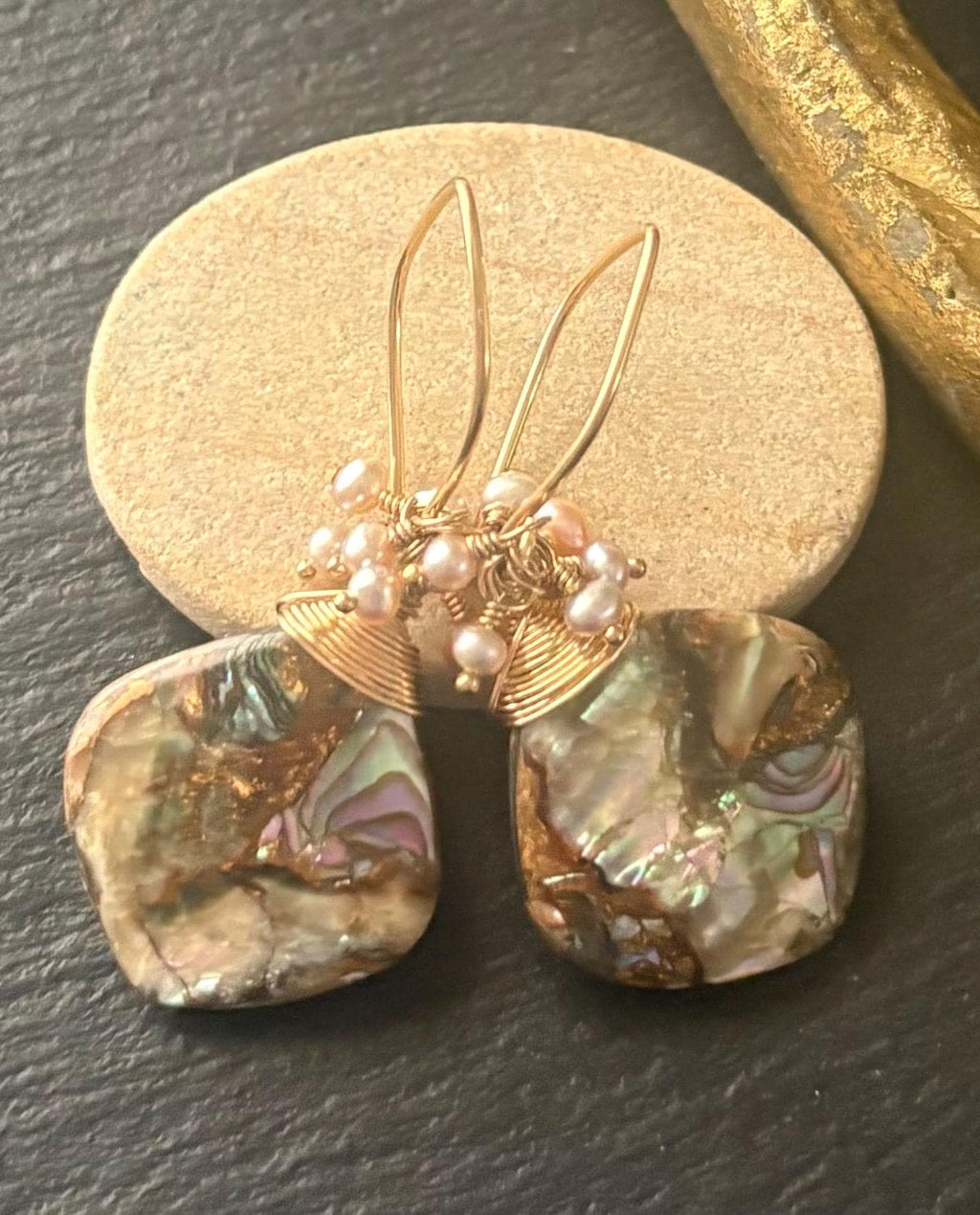 Copper Abalone Shell Earrings, 14K Gold Filled, Freshwater Pearl Drop Earrings