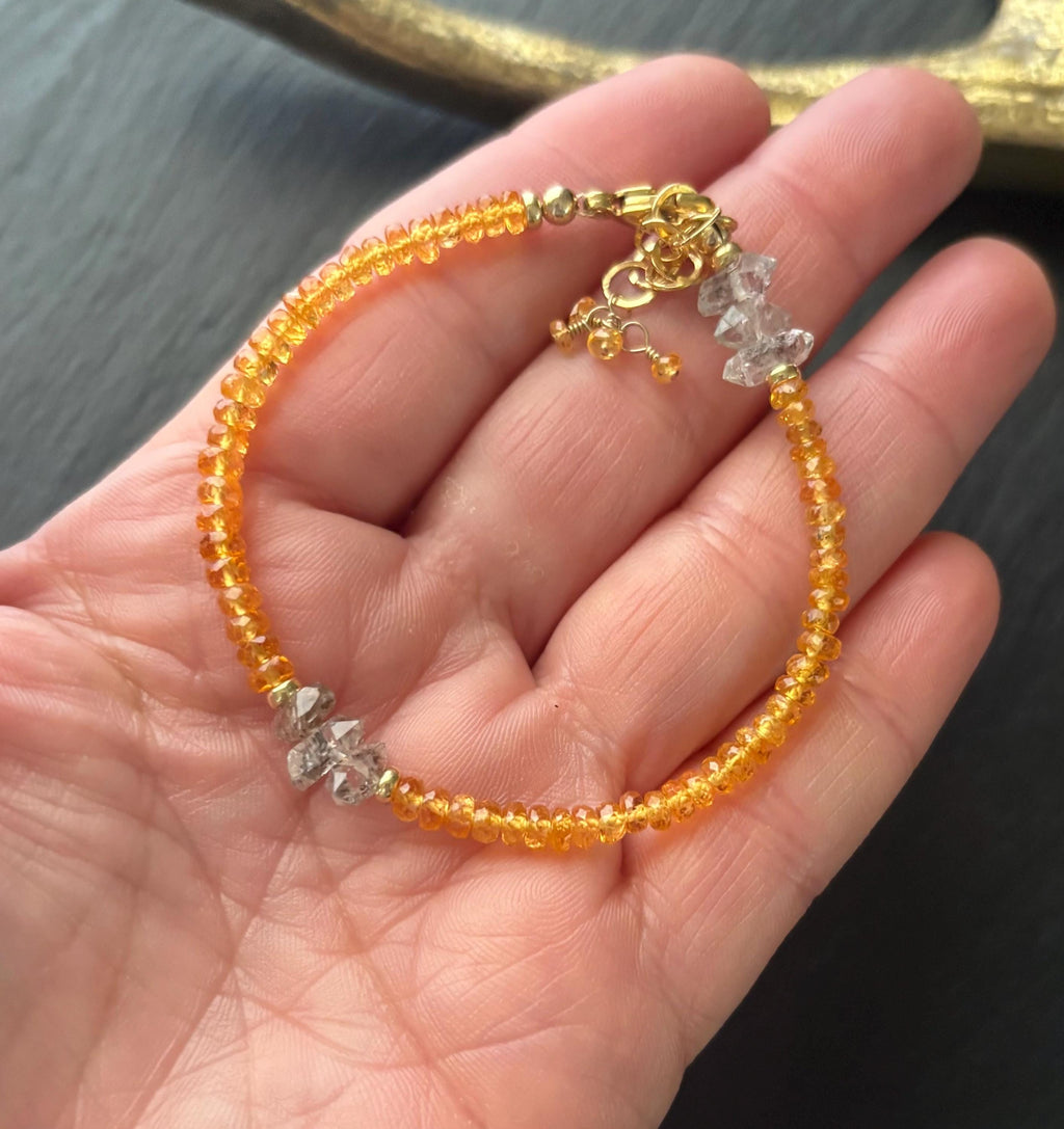 Luxe Natural Spessartite Garnet & Natural Herkimer Diamond Quartz Gemstone Bracelet, 14k Gold Filled