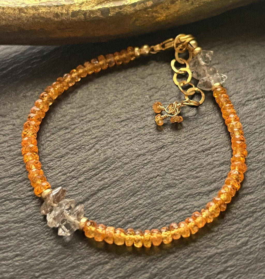 Luxe Natural Spessartite Garnet & Natural Herkimer Diamond Quartz Gemstone Bracelet, 14k Gold Filled