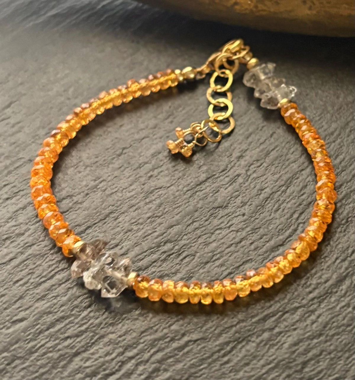 Luxe Natural Spessartite Garnet & Natural Herkimer Diamond Quartz Gemstone Bracelet, 14k Gold Filled