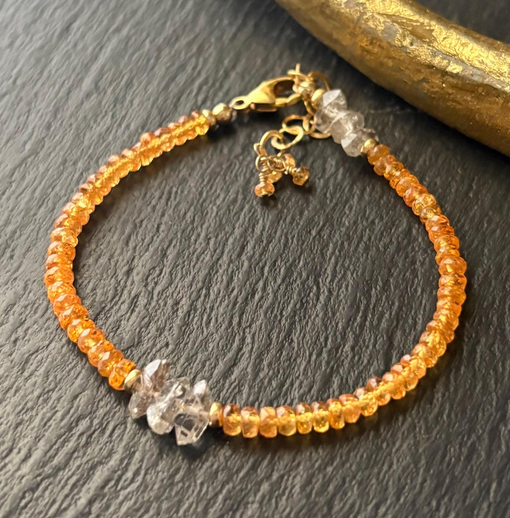 Luxe Natural Spessartite Garnet & Natural Herkimer Diamond Quartz Gemstone Bracelet, 14k Gold Filled