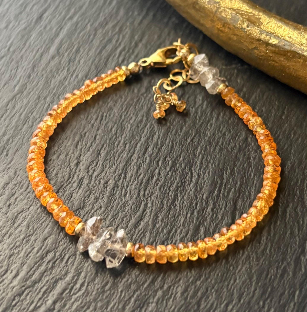 Luxe Natural Spessartite Garnet & Natural Herkimer Diamond Quartz Gemstone Bracelet, 14k Gold Filled