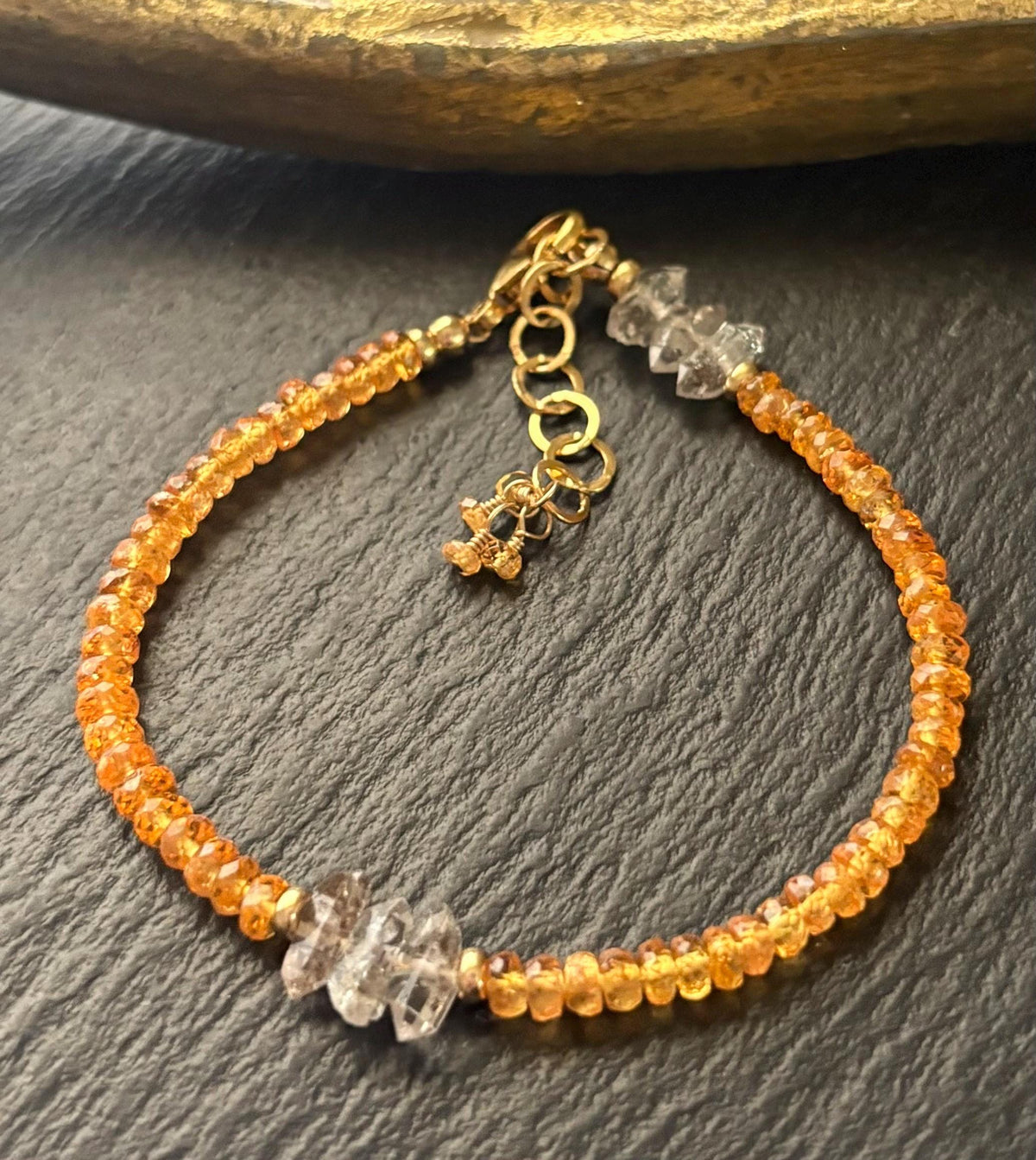 Luxe Natural Spessartite Garnet & Natural Herkimer Diamond Quartz Gemstone Bracelet, 14k Gold Filled