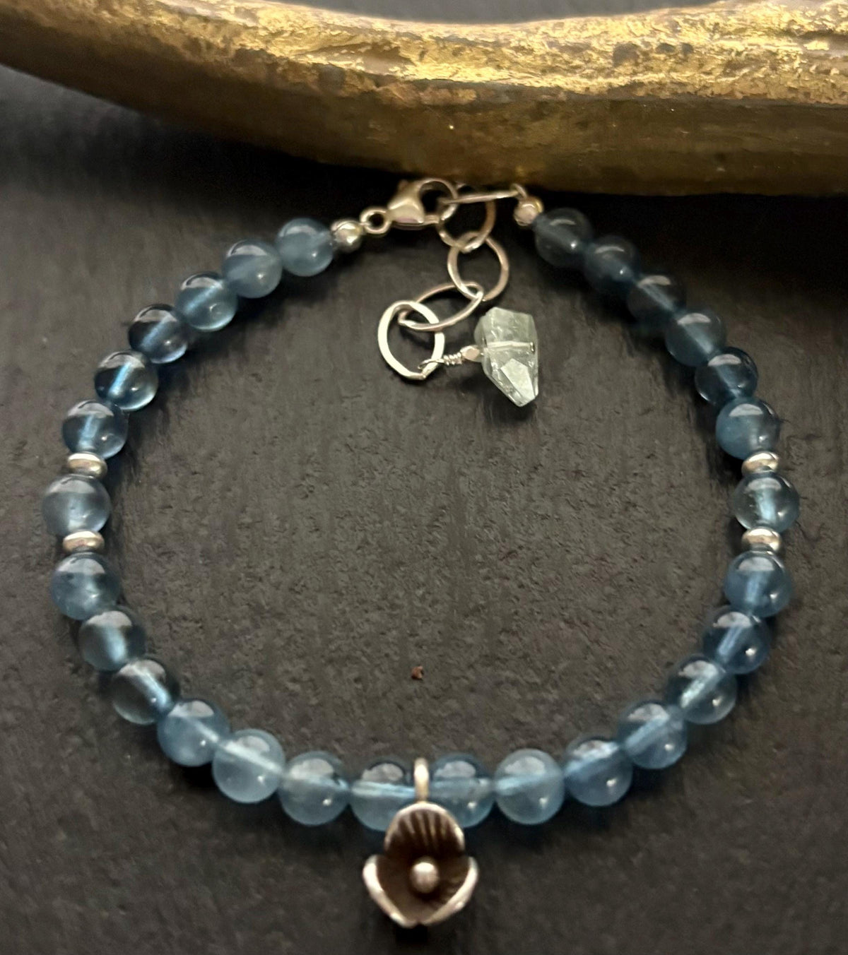 Luxe Natural Santa Maria Blue Aquamarine & Thai silver Flower Charm Bracelet