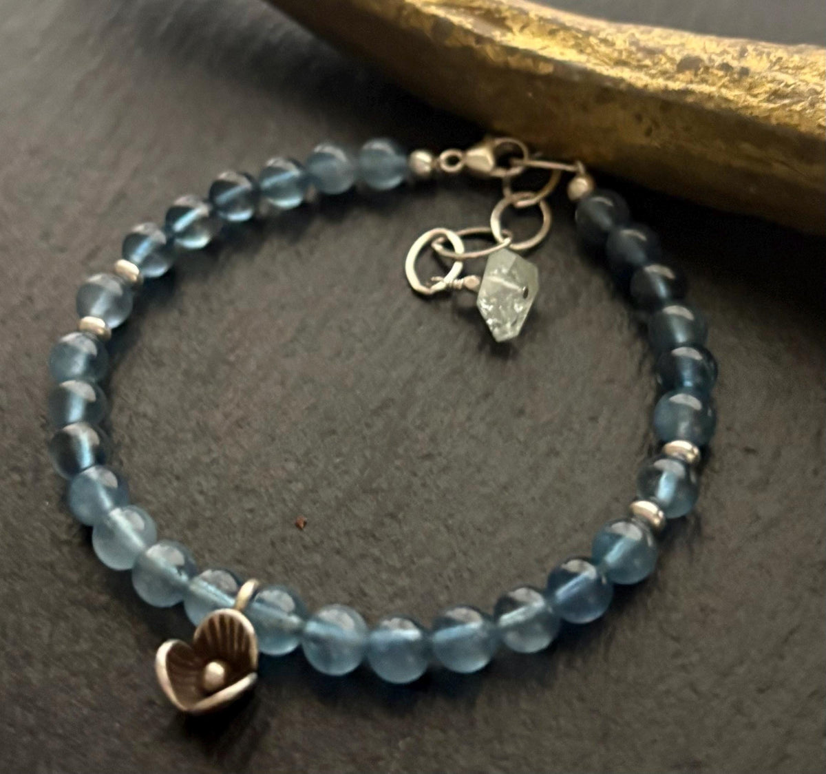 Luxe Natural Santa Maria Blue Aquamarine & Thai silver Flower Charm Bracelet