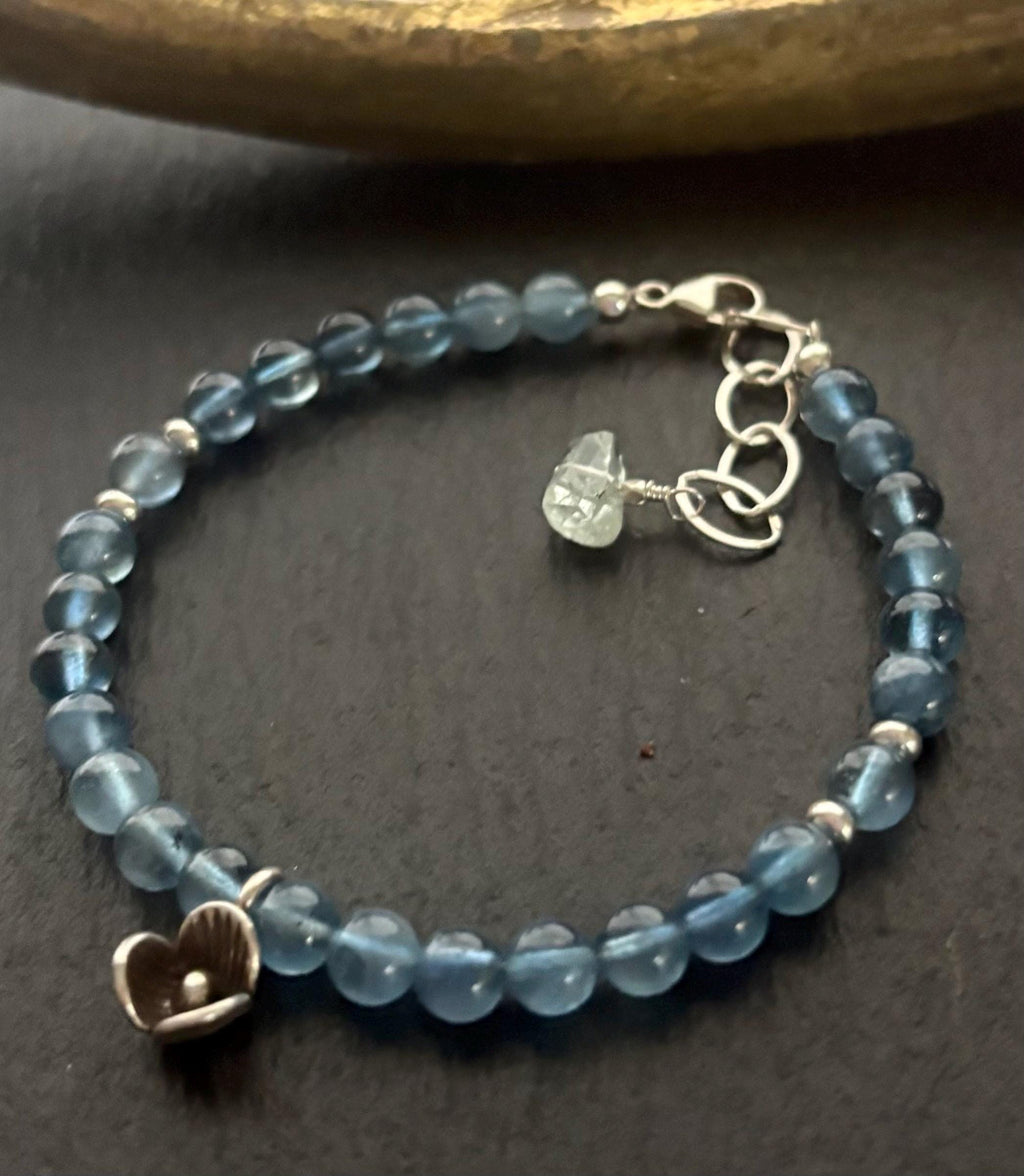Luxe Natural Santa Maria Blue Aquamarine & Thai silver Flower Charm Bracelet