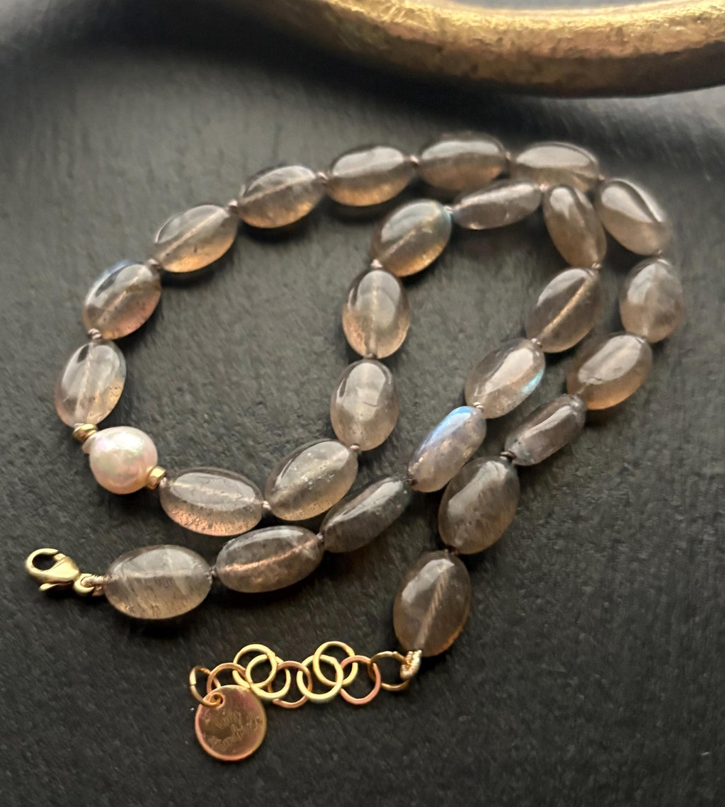 Labradorite Pearl Choker Necklace, Labradorite & Akoya Baroque Pearl, 14K Gold Filled