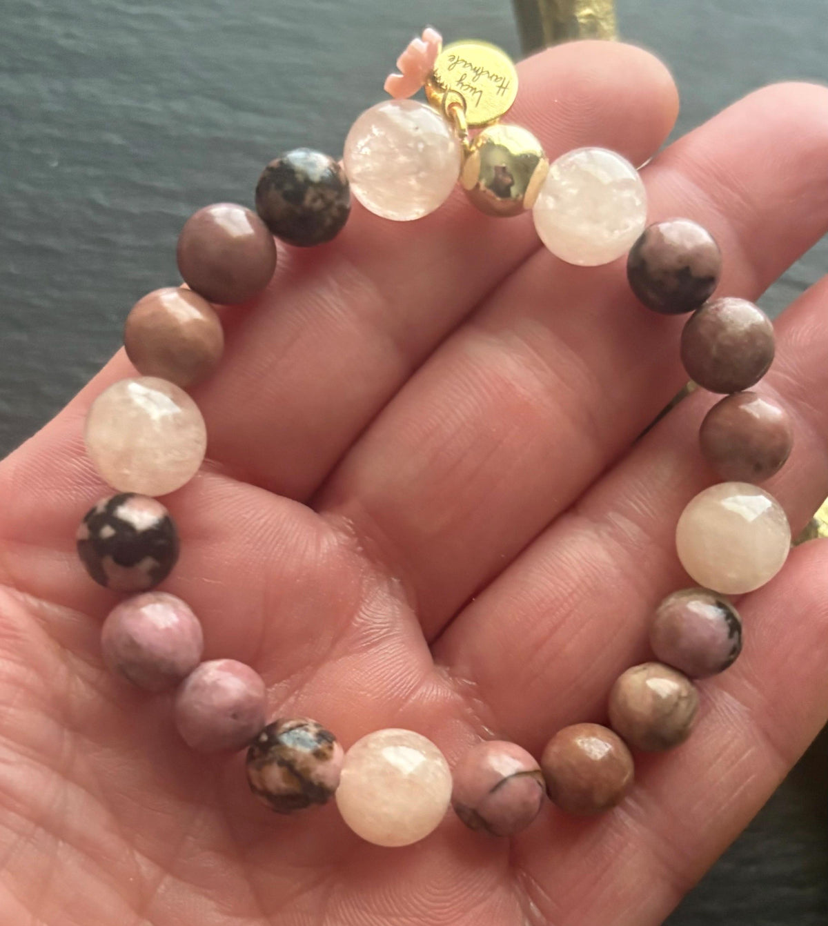 Luxe Natural Rhodonite & Morganite Stretch Gemstone Bracelet , 14K Gold Filled