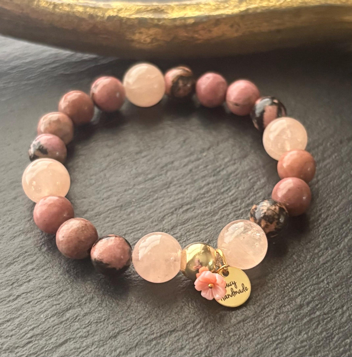 Luxe Natural Rhodonite & Morganite Stretch Gemstone Bracelet , 14K Gold Filled