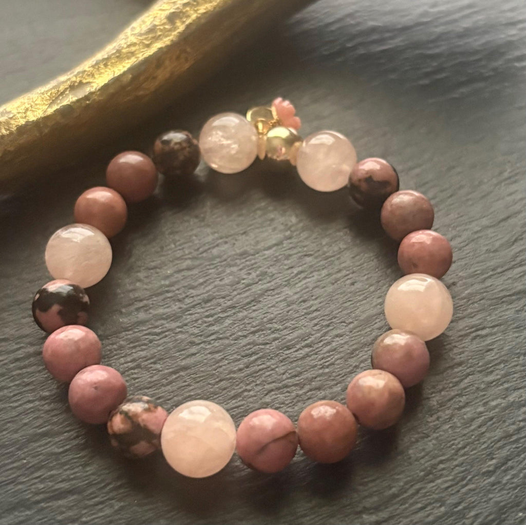 Luxe Natural Rhodonite & Morganite Stretch Gemstone Bracelet , 14K Gold Filled