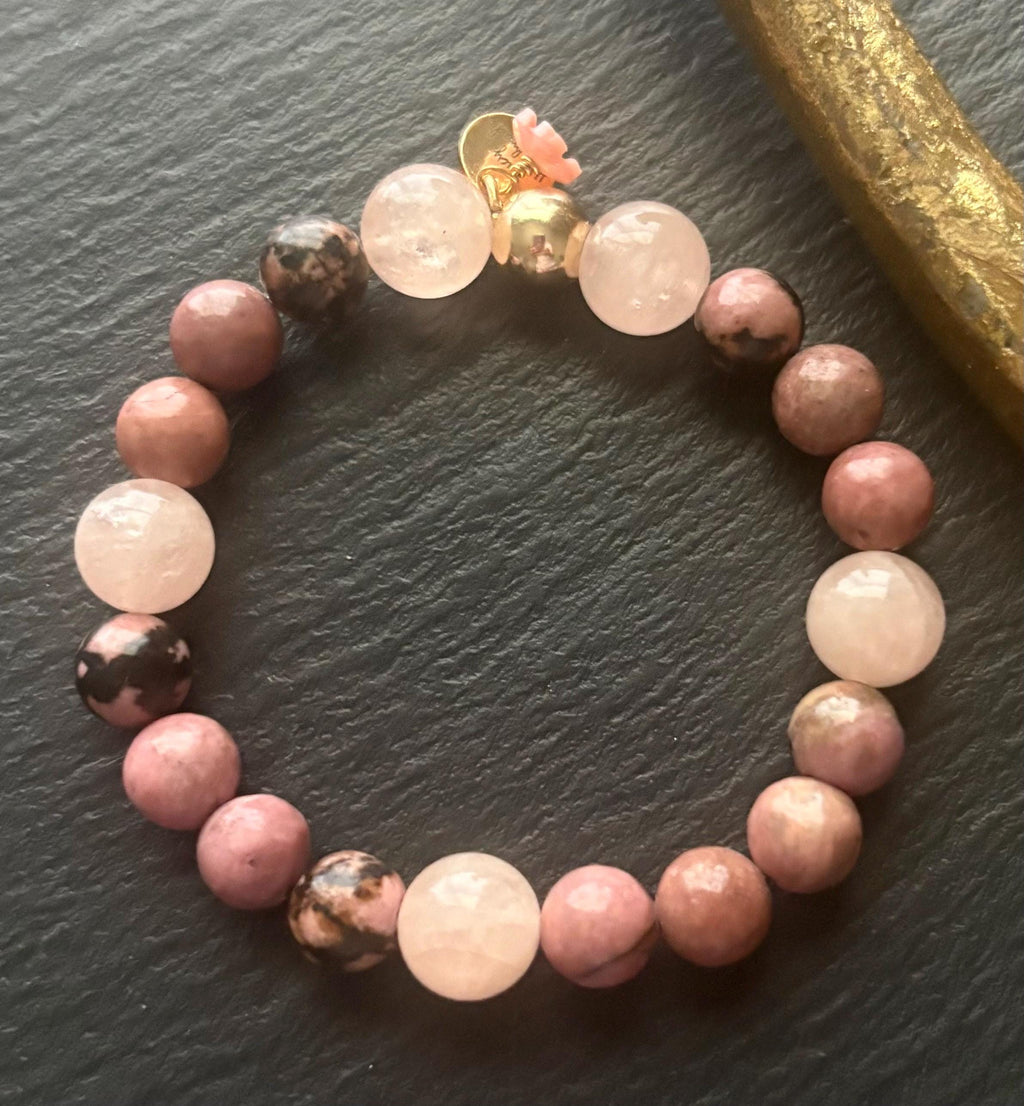Luxe Natural Rhodonite & Morganite Stretch Gemstone Bracelet , 14K Gold Filled