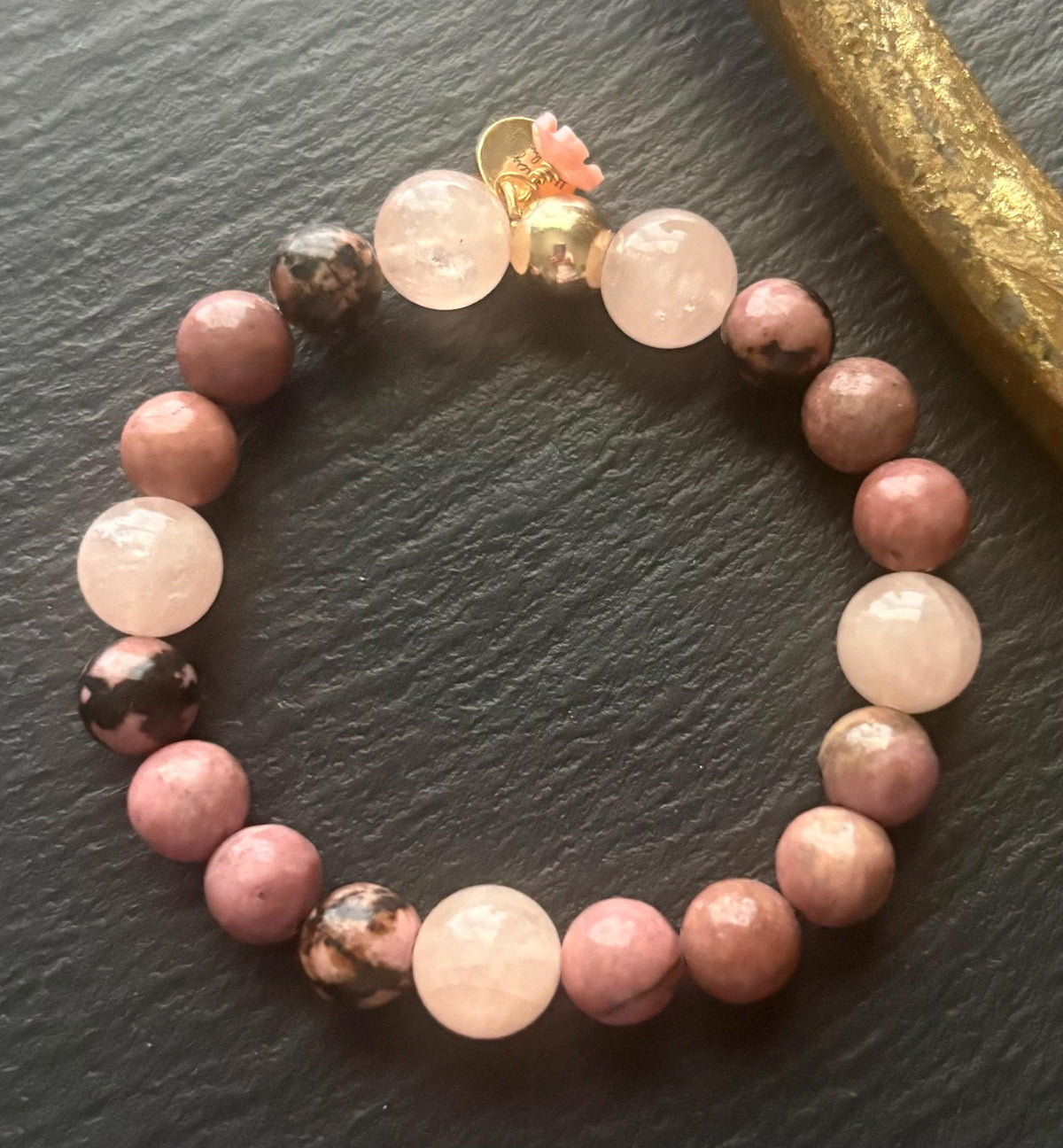 Luxe Natural Rhodonite & Morganite Stretch Gemstone Bracelet , 14K Gold Filled