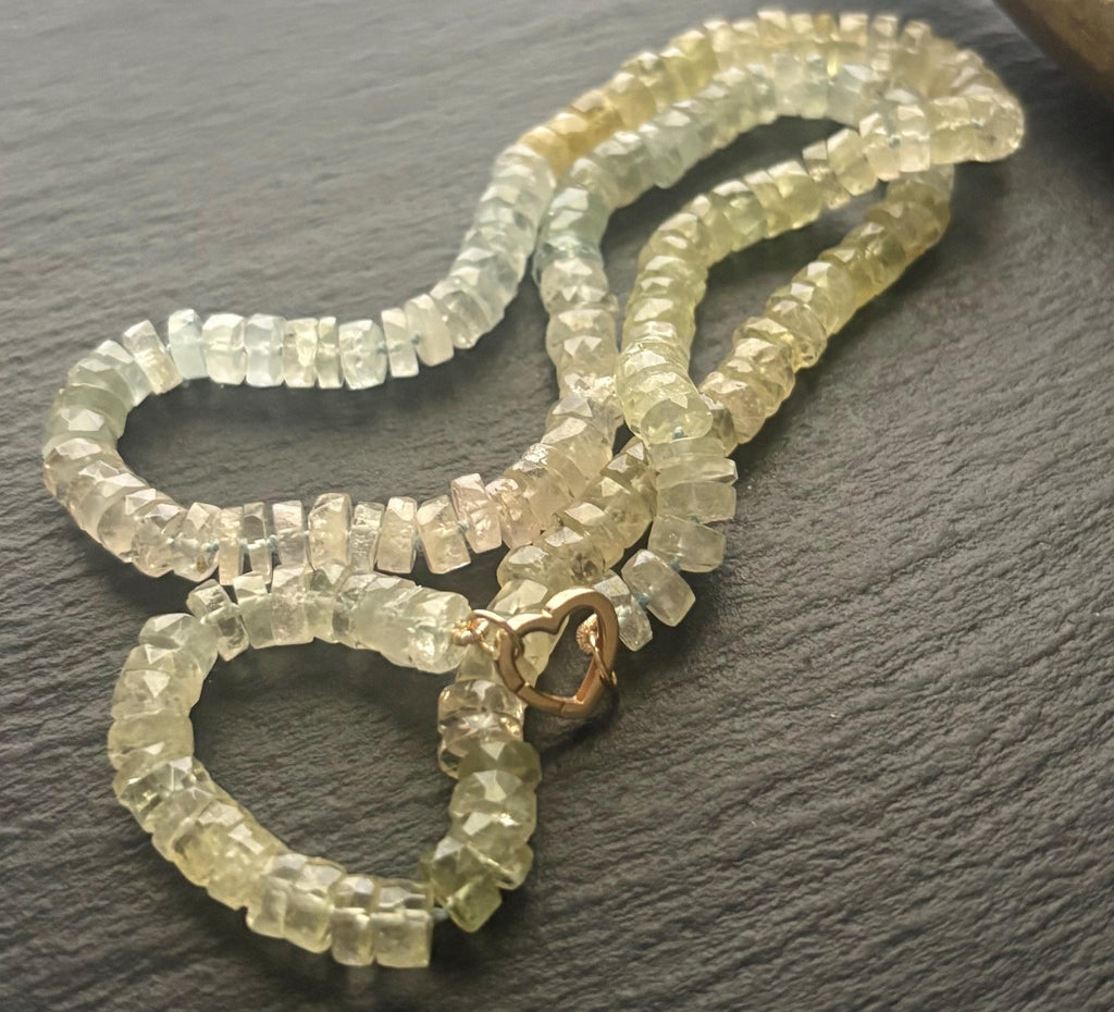 Aquamarine Necklace, Natural Multi Aquamarine Hand Knotted Necklace, Solid 14k Heart Clasp