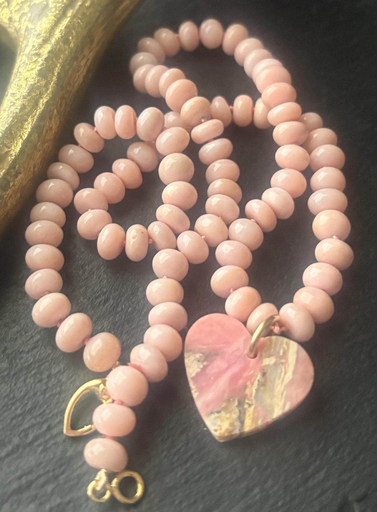 Pink Opal Heart Pendant Necklace, AAA Peruvian Dendritic Opal, 14k Vermeil Clasp