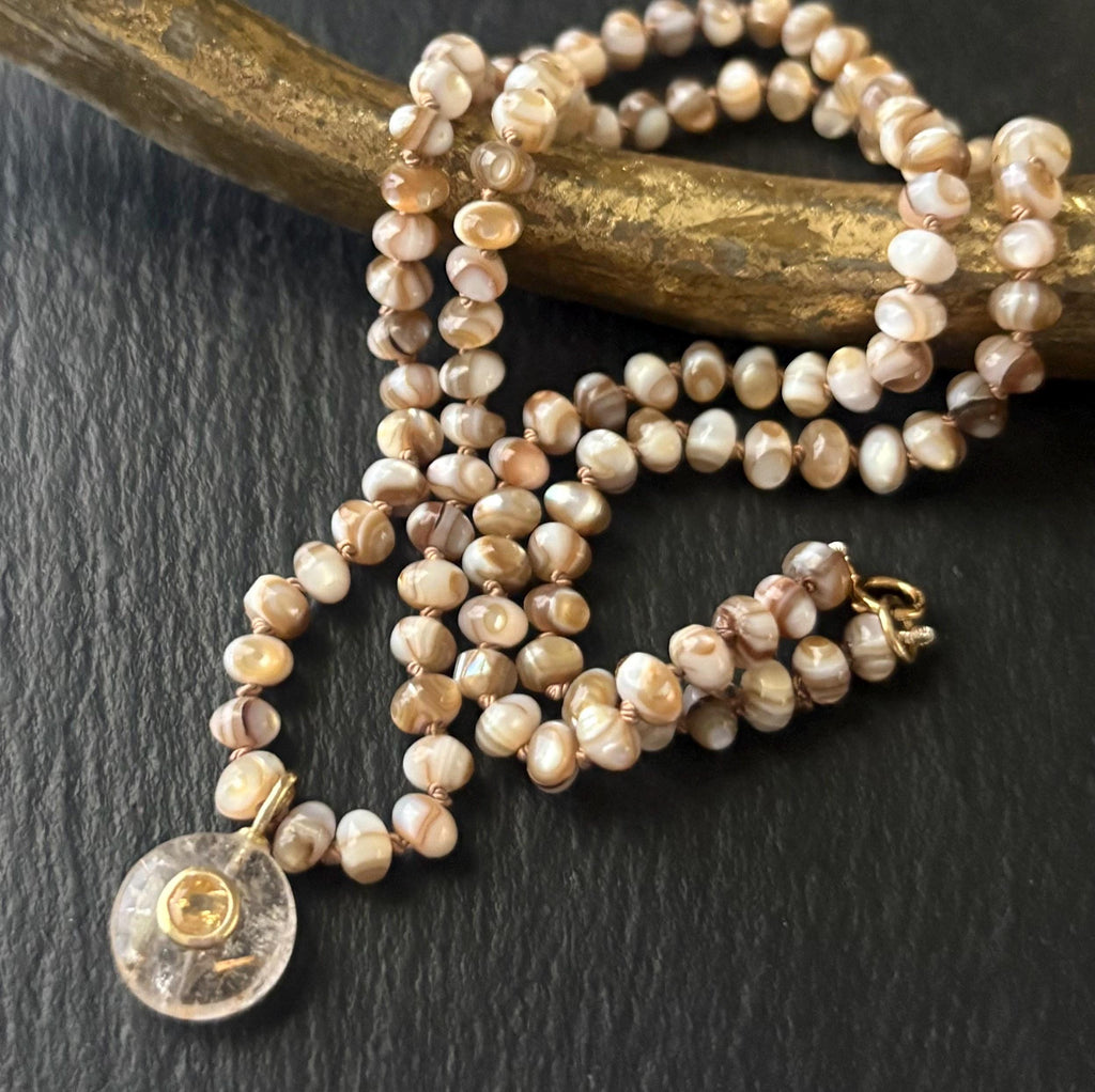 Mother of Pearl Necklace, Rutile Quartz Pendant, Citrine Pendant, 14K Gold Filled