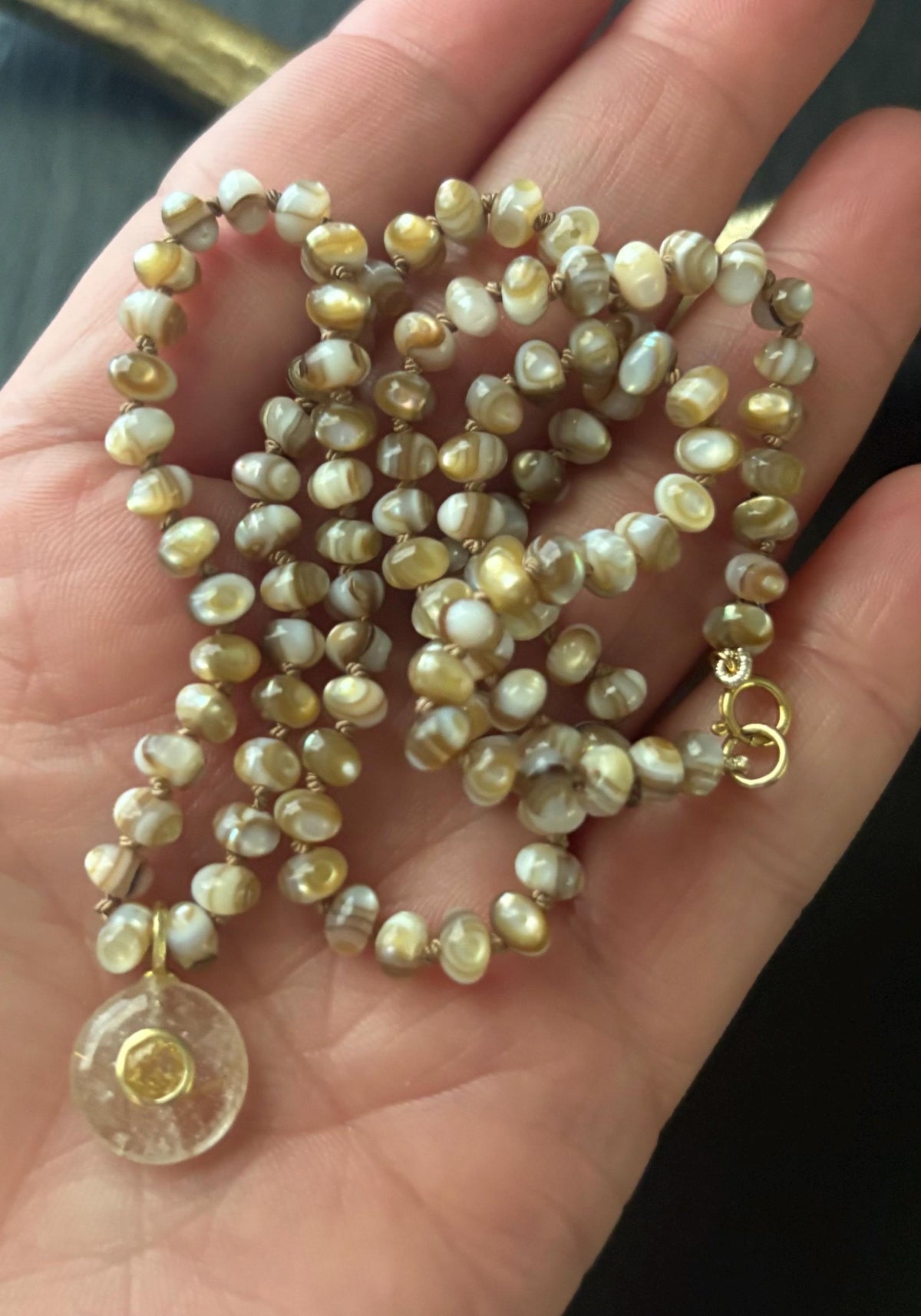 Mother of Pearl Necklace, Rutile Quartz Pendant, Citrine Pendant, 14K Gold Filled