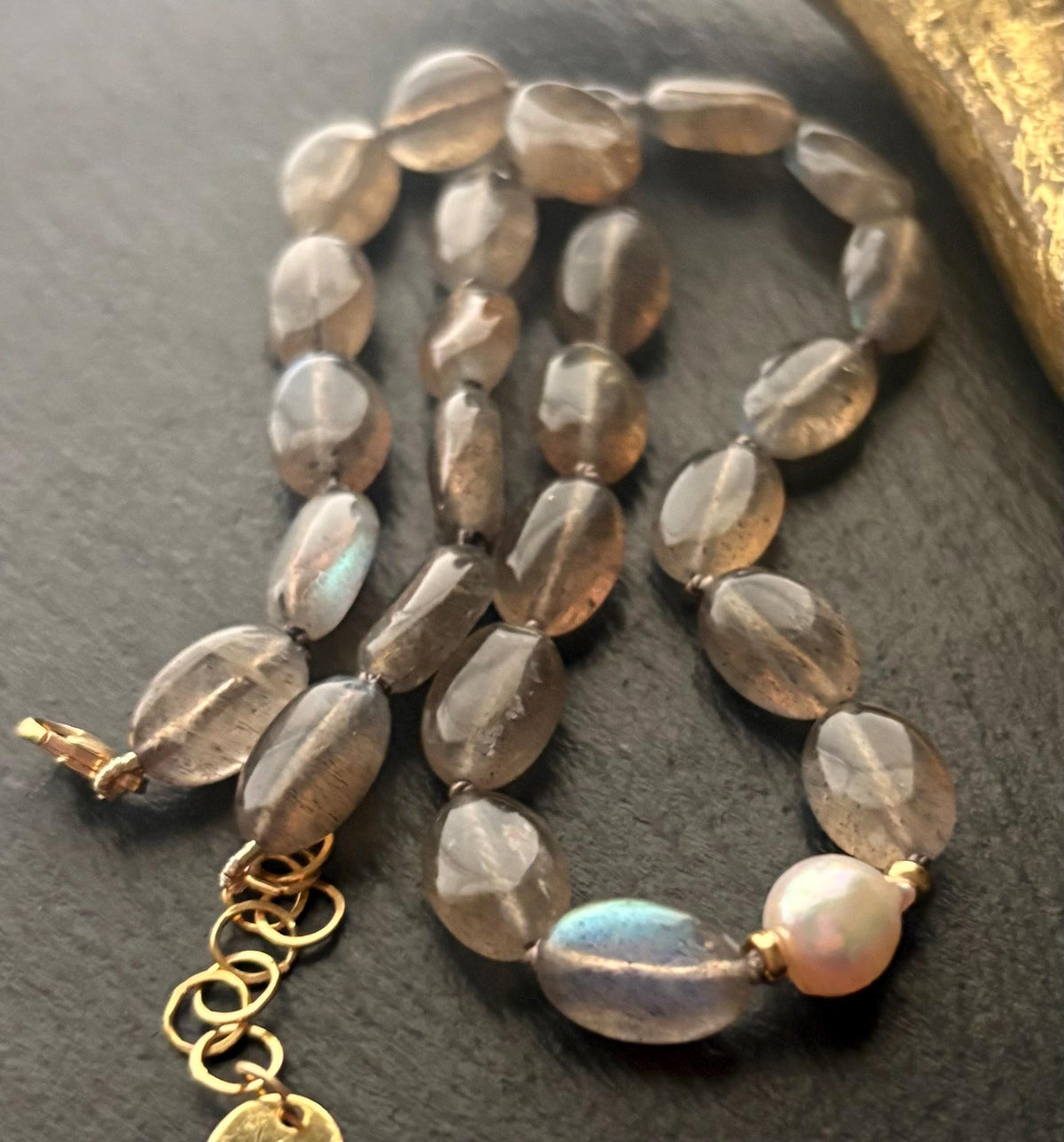 Labradorite Pearl Choker Necklace, Labradorite & Akoya Baroque Pearl, 14K Gold Filled