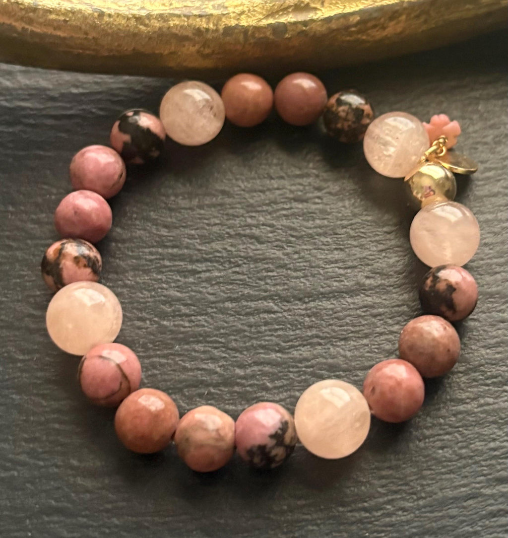 Luxe Natural Rhodonite & Morganite Stretch Gemstone Bracelet , 14K Gold Filled