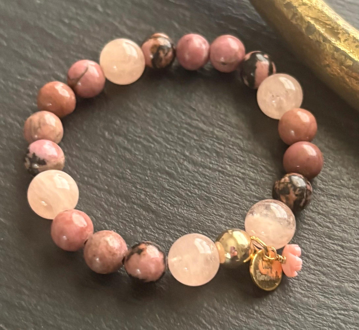 Luxe Natural Rhodonite & Morganite Stretch Gemstone Bracelet , 14K Gold Filled