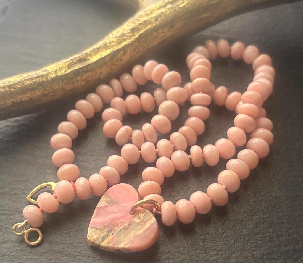 Pink Opal Heart Pendant Necklace, AAA Peruvian Dendritic Opal, 14k Vermeil Clasp