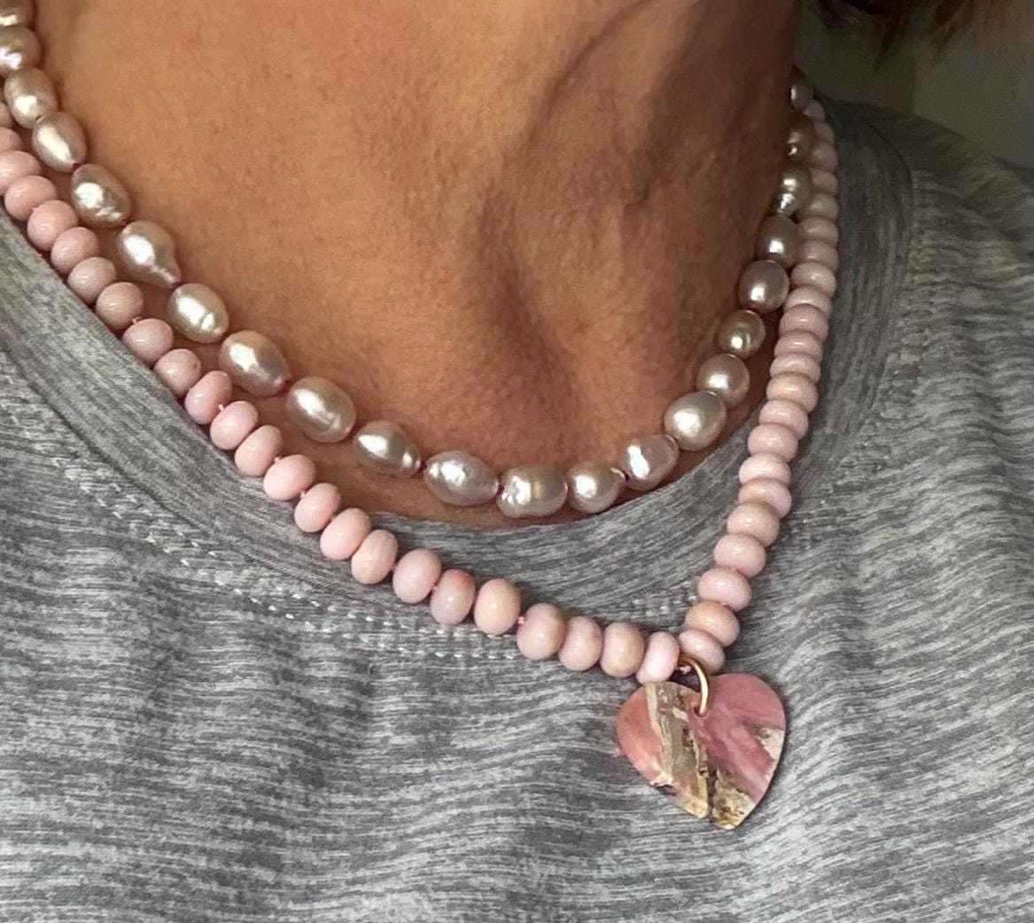Pink Opal Heart Pendant Necklace, AAA Peruvian Dendritic Opal, 14k Vermeil Clasp