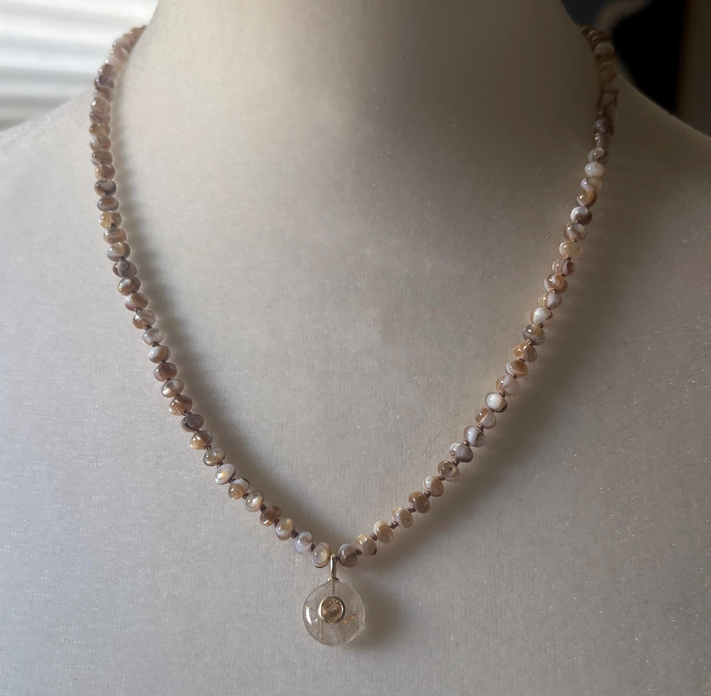 Mother of Pearl Necklace, Rutile Quartz Pendant, Citrine Pendant, 14K Gold Filled