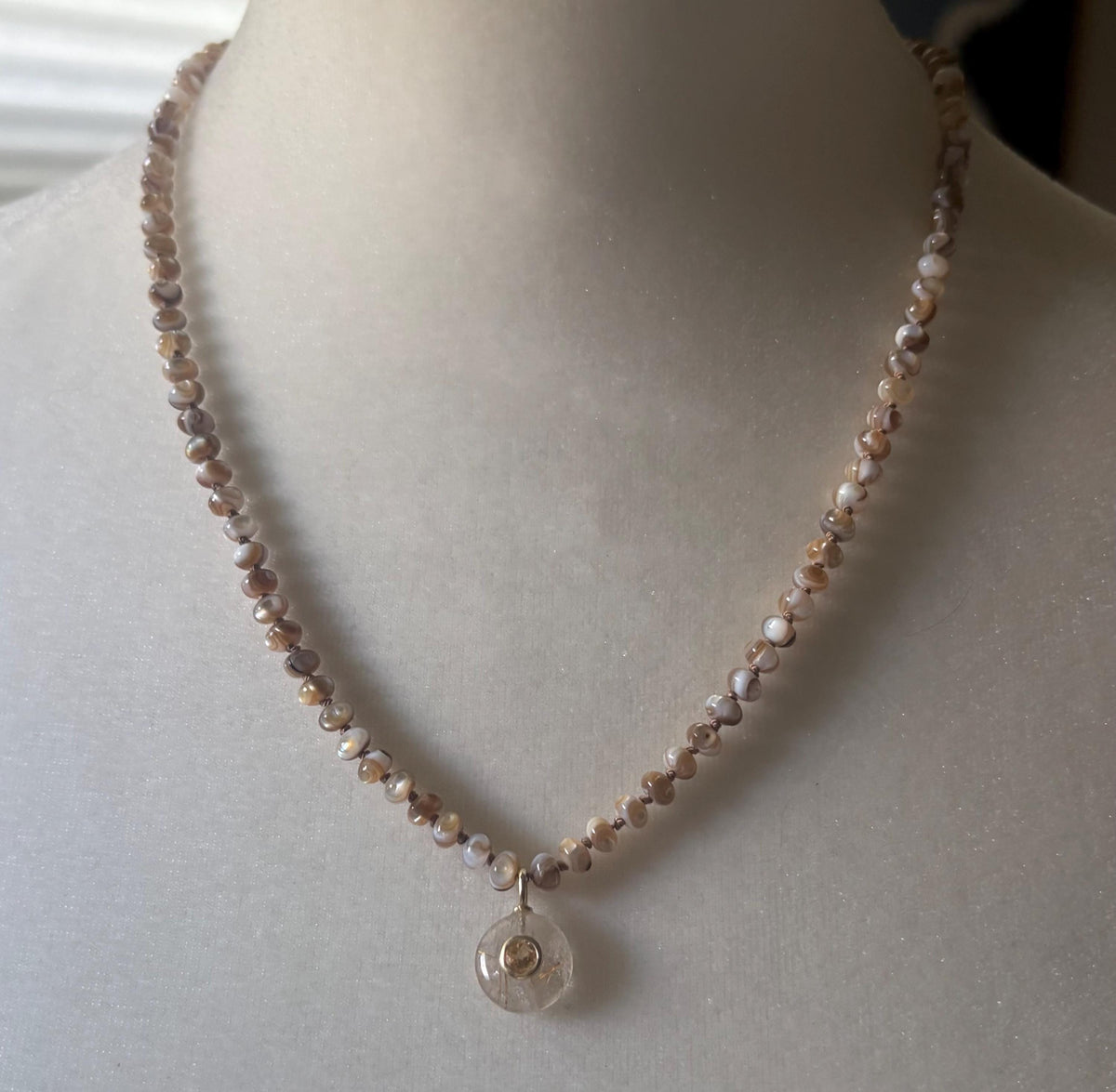 Mother of Pearl Necklace, Rutile Quartz Pendant, Citrine Pendant, 14K Gold Filled