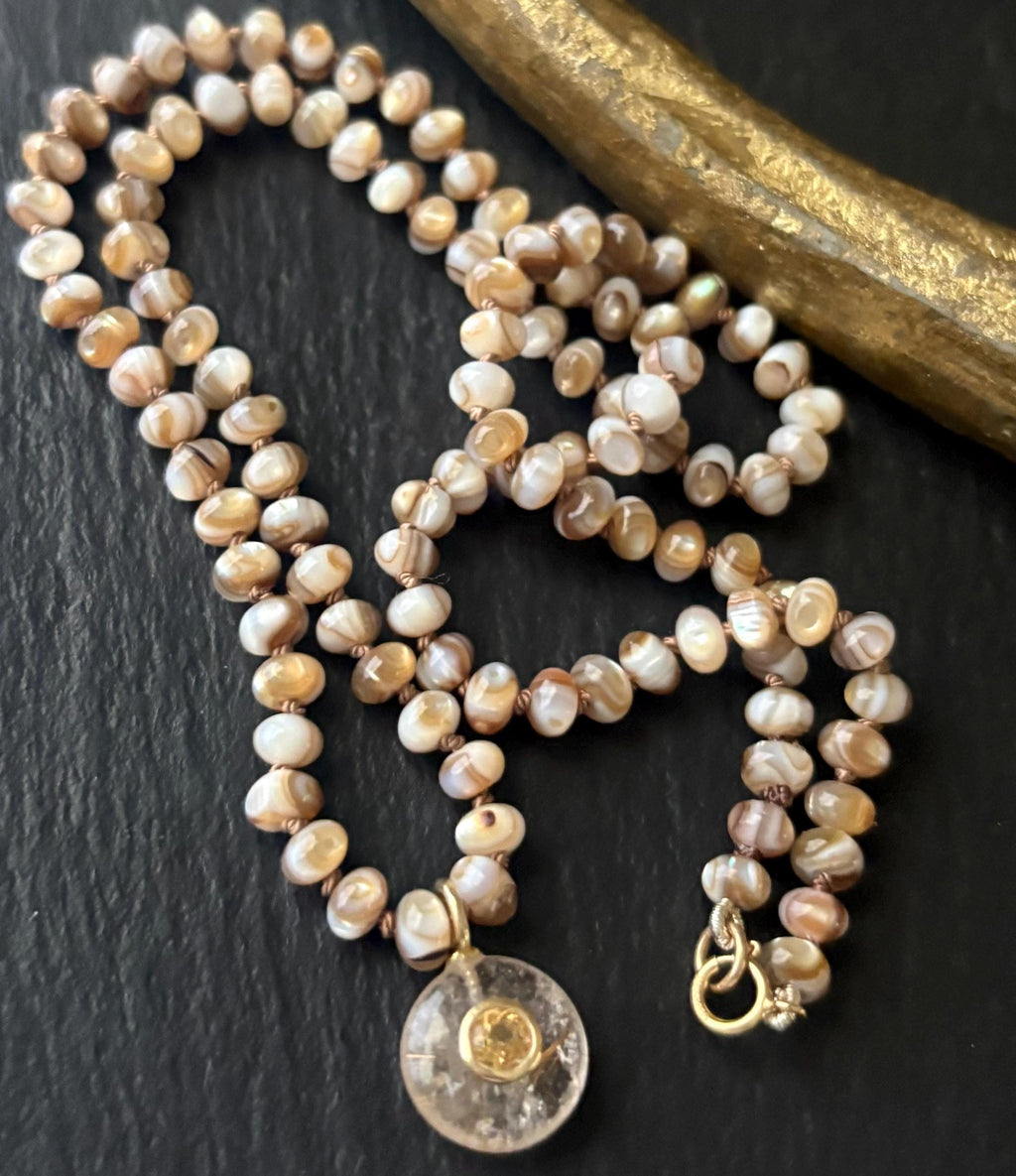 Mother of Pearl Necklace, Rutile Quartz Pendant, Citrine Pendant, 14K Gold Filled