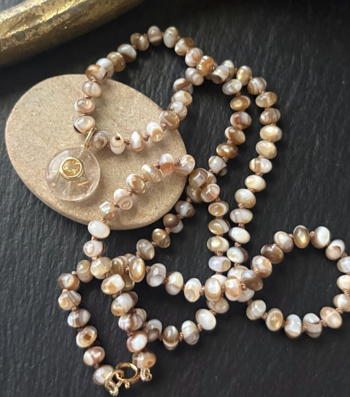 Mother of Pearl Necklace, Rutile Quartz Pendant, Citrine Pendant, 14K Gold Filled