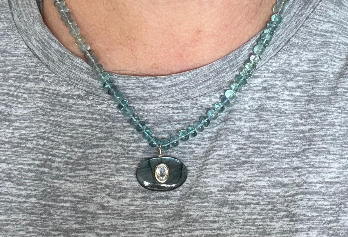 Natural Rainbow Fluorite & Labradorite Necklace, Hand Knotted Gemstone Necklace, 14K Gold Filled