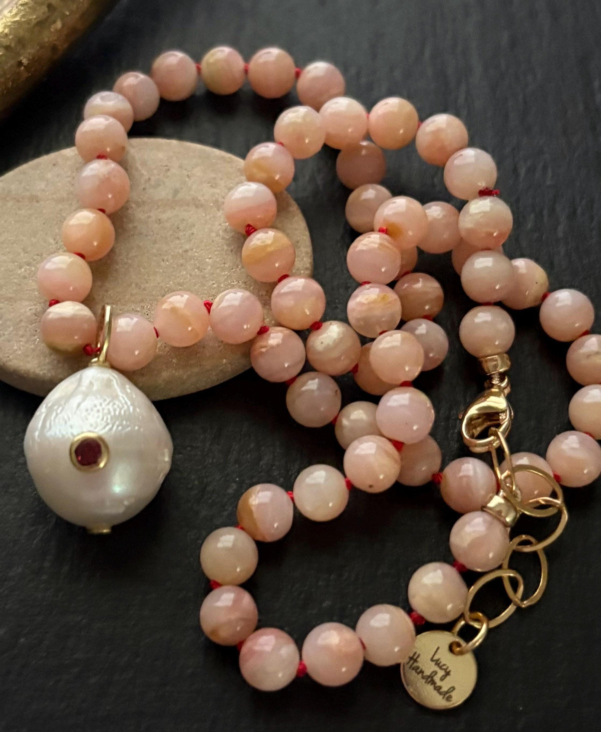 Peruvian Pink Opal Necklace, Baroque Pearl Garnet Pendant, 14 Gold Filled