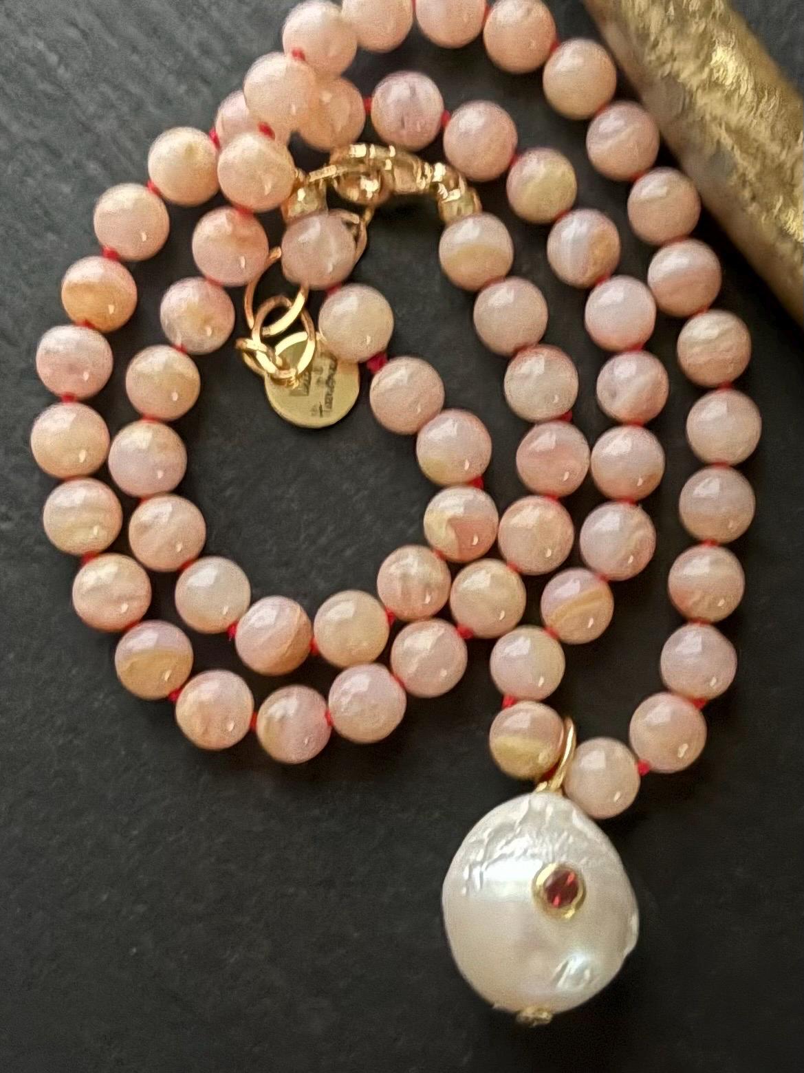 Peruvian Pink Opal Necklace, Baroque Pearl Garnet Pendant, 14 Gold Filled