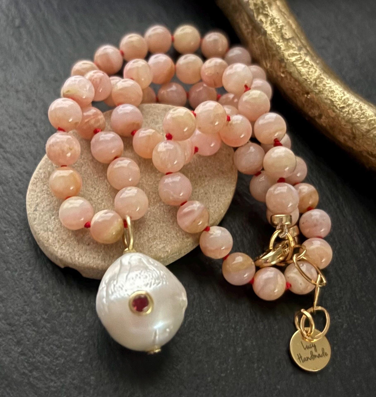 Peruvian Pink Opal Necklace, Baroque Pearl Garnet Pendant, 14 Gold Filled