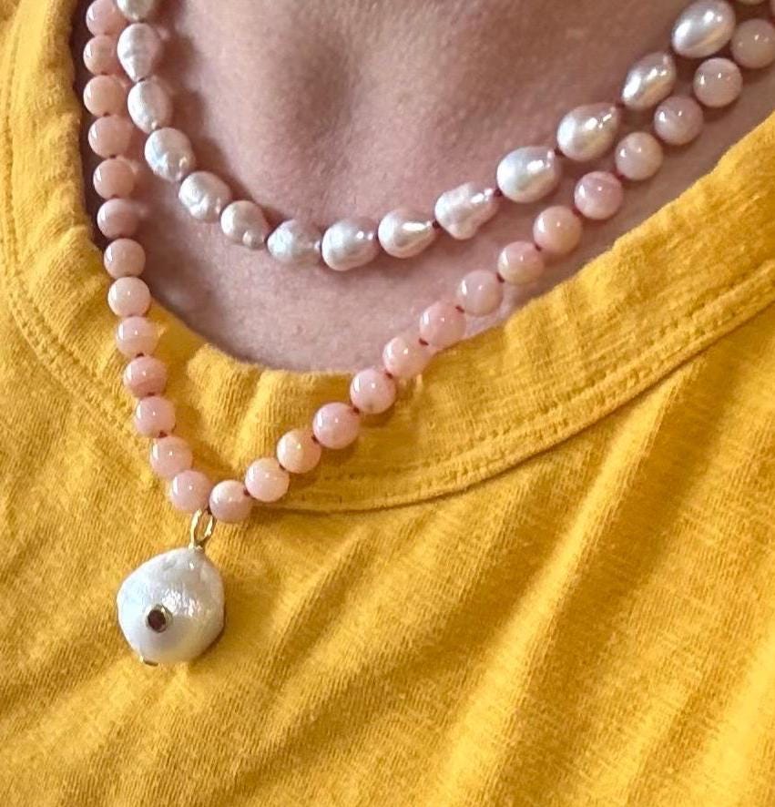 Peruvian Pink Opal Necklace, Baroque Pearl Garnet Pendant, 14 Gold Filled