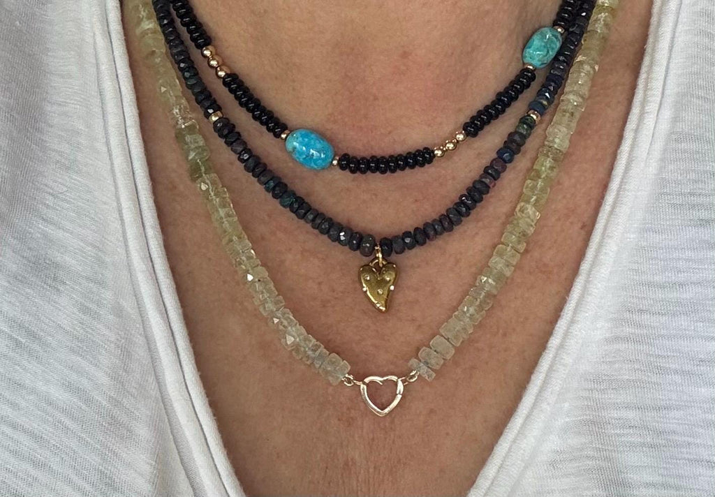 Ethiopian Opal Rondelle Necklace with Gold Heart Pendant – 14k Gold-Filled Chain