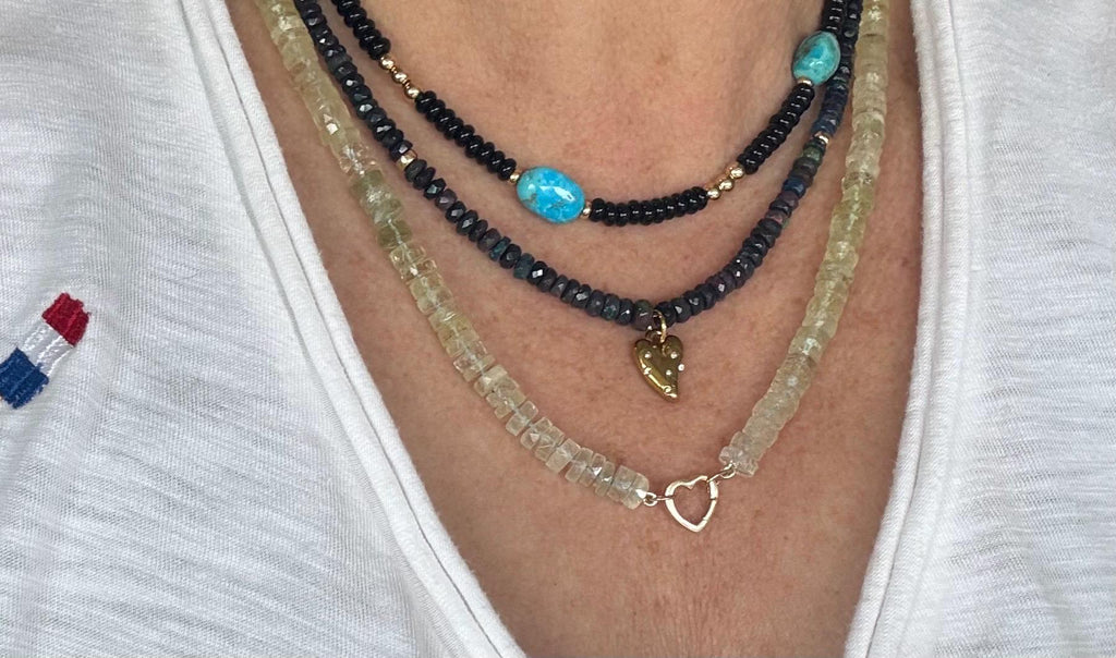 Ethiopian Opal Rondelle Necklace with Gold Heart Pendant – 14k Gold-Filled Chain