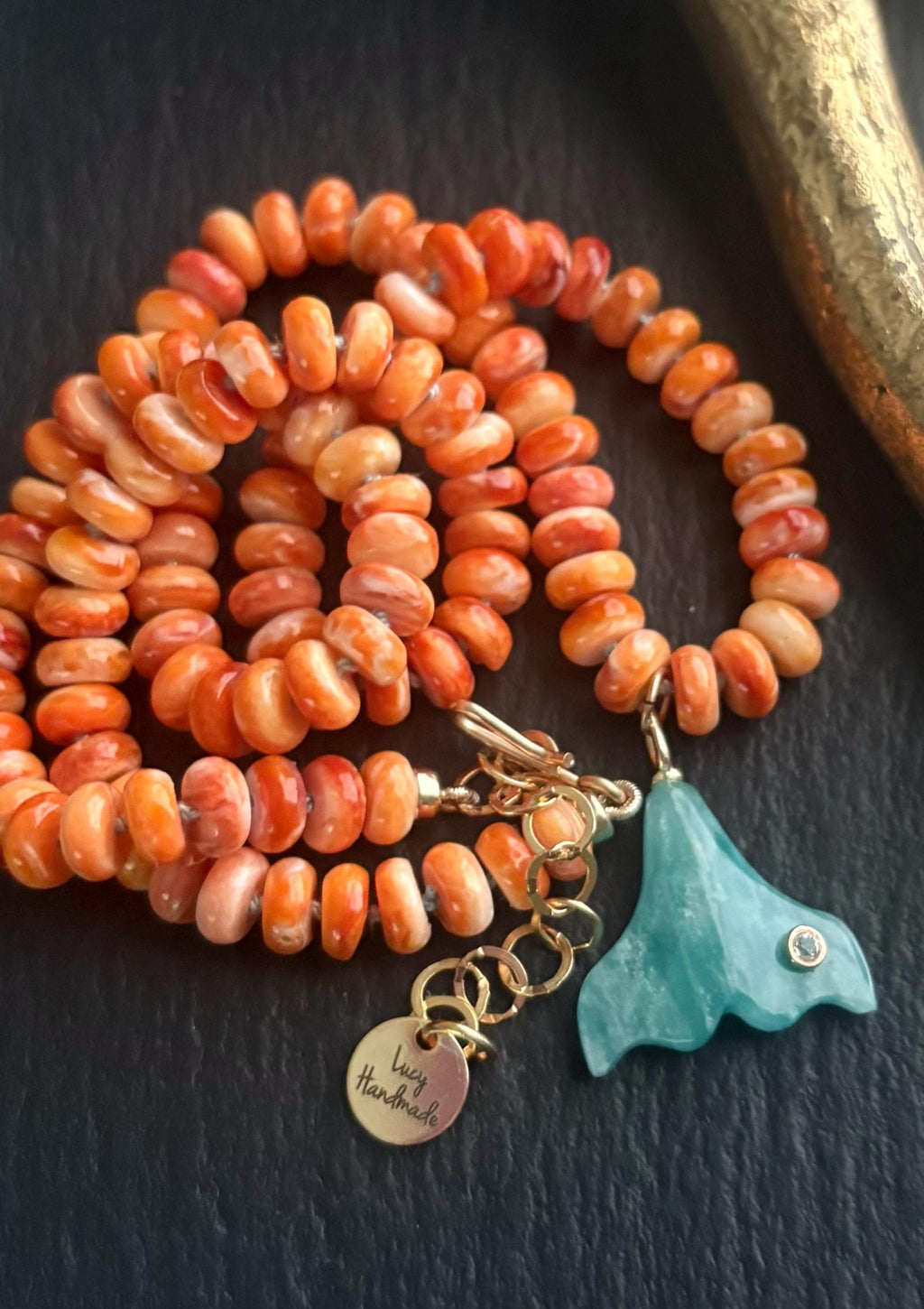 Orange Spiny Oyster Necklace & Amazonite Fish Tail Pendant, 14K Gold Filled