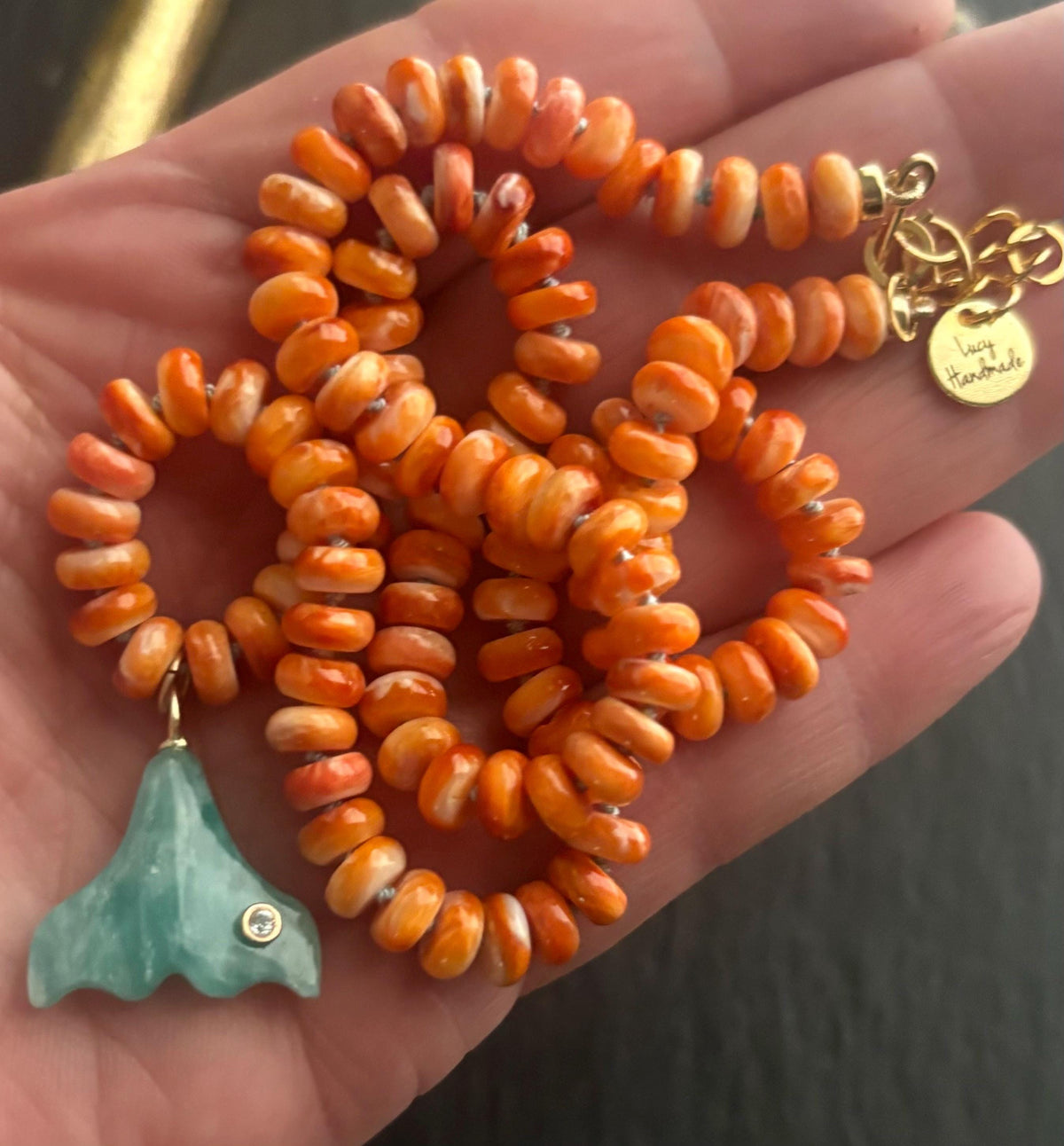 Orange Spiny Oyster Necklace & Amazonite Fish Tail Pendant, 14K Gold Filled