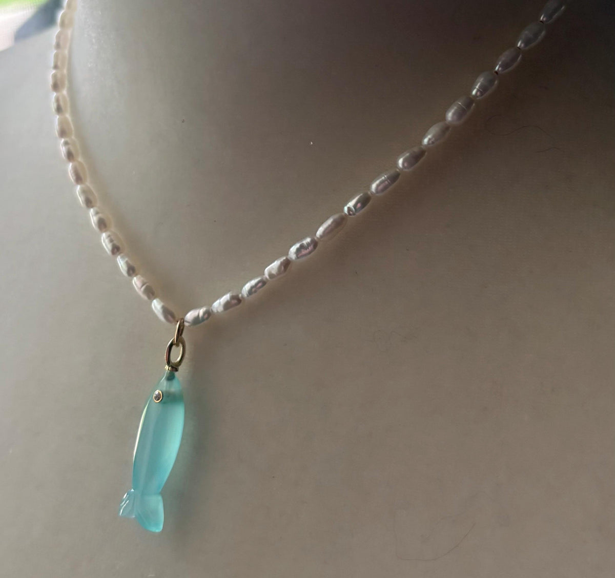 Freshwater Pearl Necklace, Aqua Blue Chalcedony Fish Pendant, Hand Knotted Silk, 14K Gold Filled