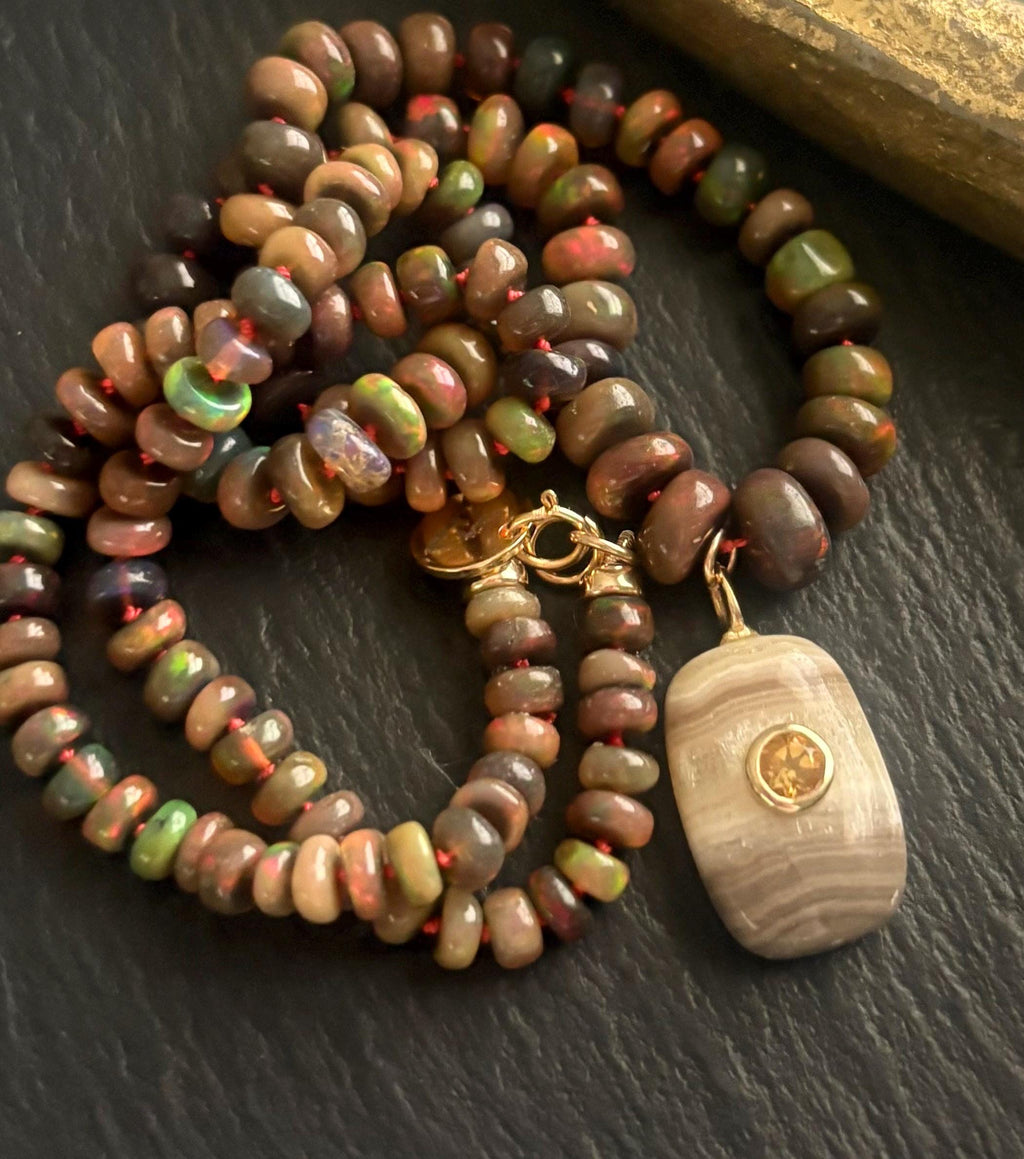 Brown Opal Knotted Necklace, Calcite & Citrine Pendant, Hand Knotted Gemstone Jewelry, 14K Gold Filled
