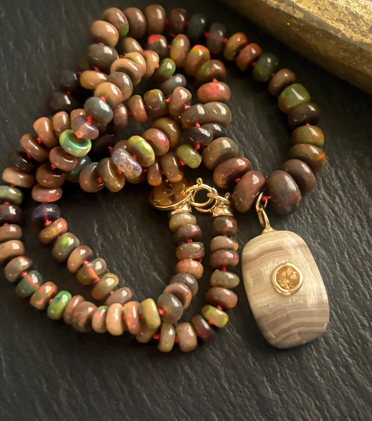 Brown Opal Knotted Necklace, Calcite & Citrine Pendant, Hand Knotted Gemstone Jewelry, 14K Gold Filled