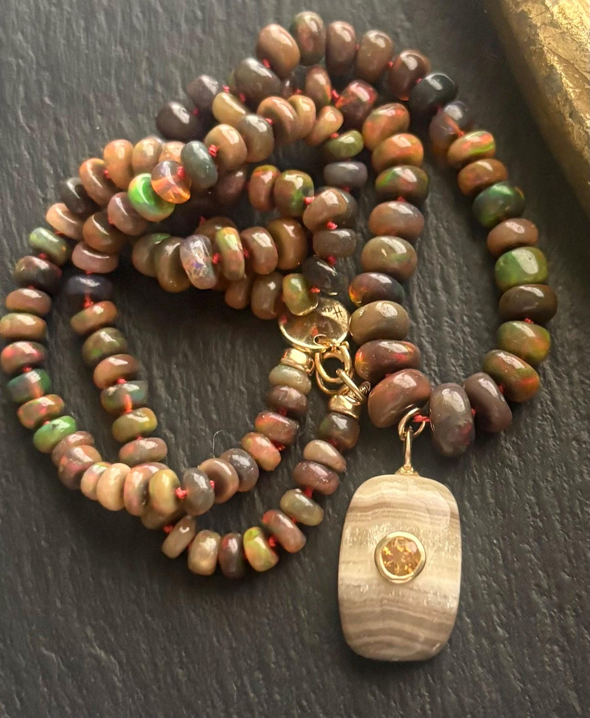 Brown Opal Knotted Necklace, Calcite & Citrine Pendant, Hand Knotted Gemstone Jewelry, 14K Gold Filled