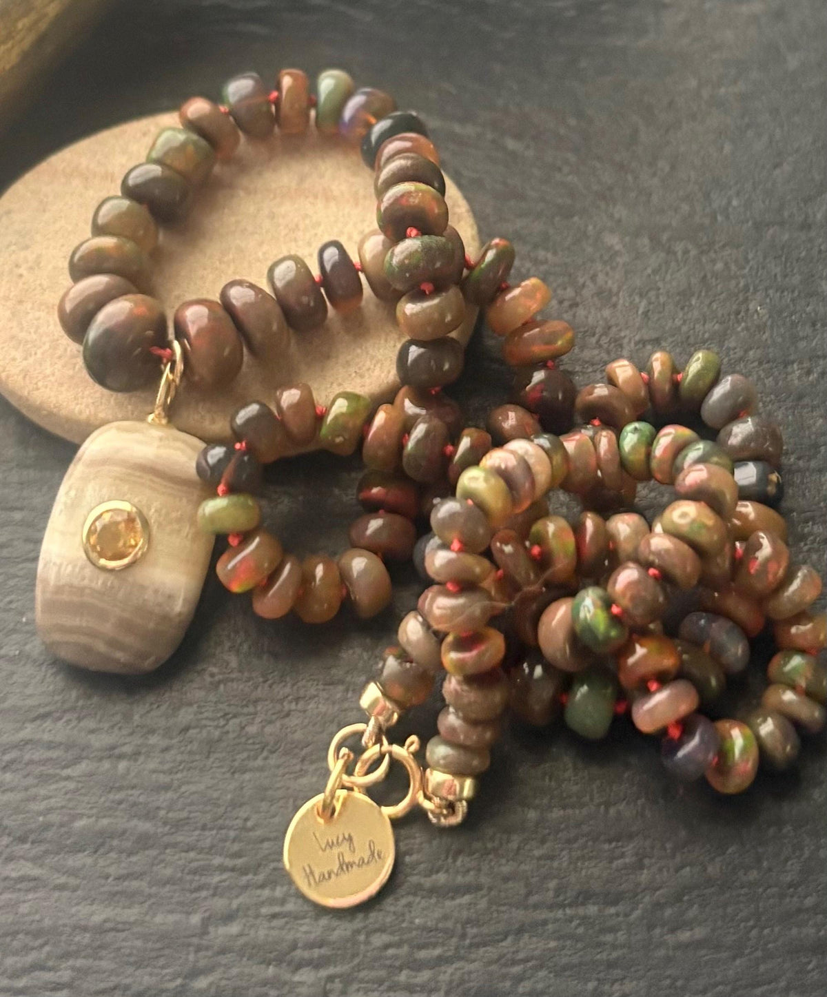 Brown Opal Knotted Necklace, Calcite & Citrine Pendant, Hand Knotted Gemstone Jewelry, 14K Gold Filled