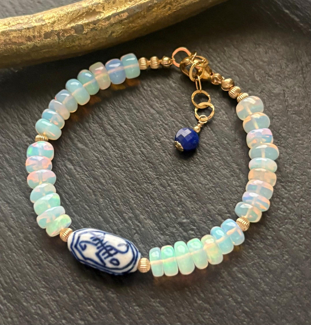 Ethiopian Opal Bracelet, Blue White Porcelain Focal, 14K Gold Filled Beads