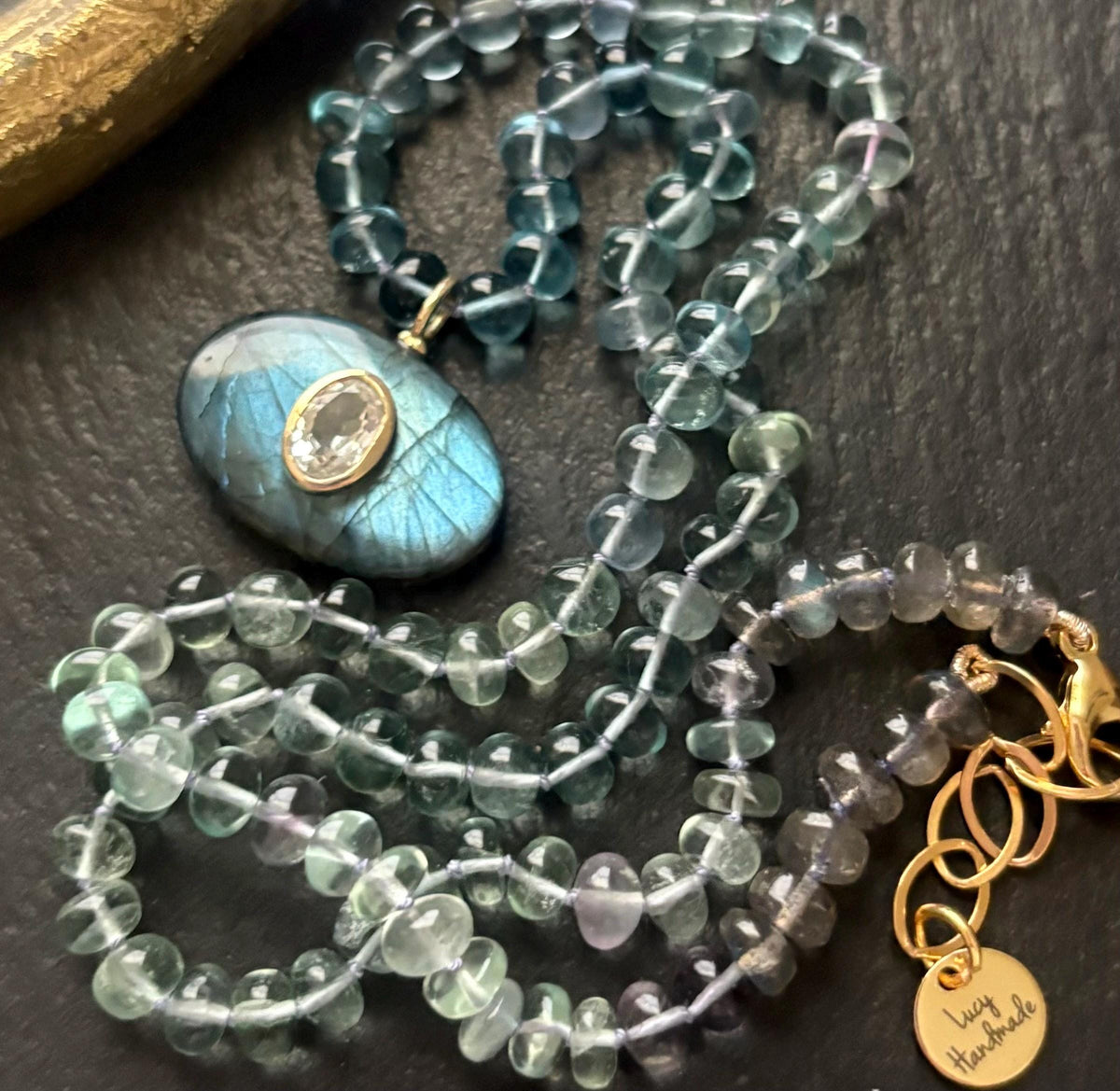 Natural Rainbow Fluorite & Labradorite Necklace, Hand Knotted Gemstone Necklace, 14K Gold Filled