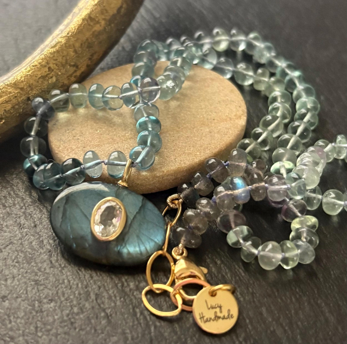 Natural Rainbow Fluorite & Labradorite Necklace, Hand Knotted Gemstone Necklace, 14K Gold Filled