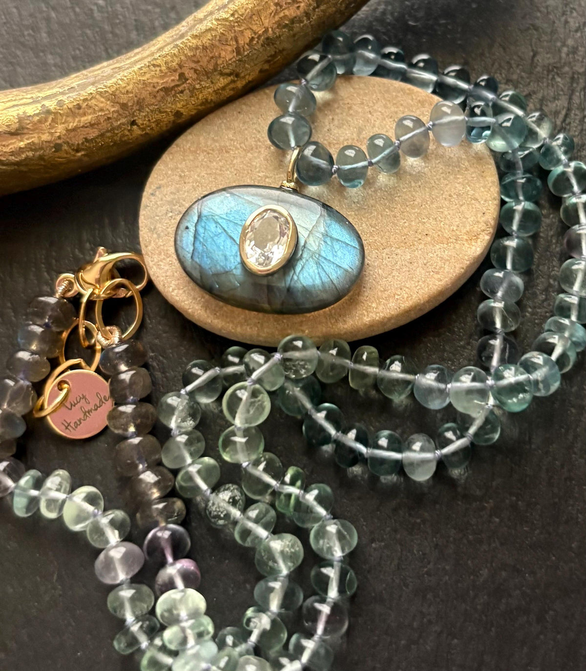Natural Rainbow Fluorite & Labradorite Necklace, Hand Knotted Gemstone Necklace, 14K Gold Filled