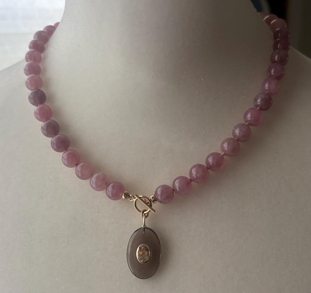 Madagascar Rose Quartz Necklace, Smoky Quartz Citrine Pendant, Hand Knotted Gemstone