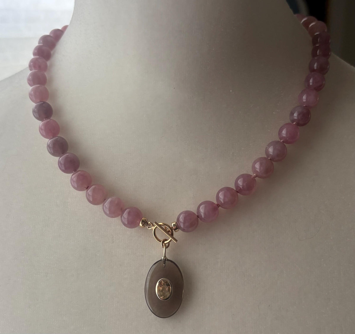 Madagascar Rose Quartz Necklace, Smoky Quartz Citrine Pendant, Hand Knotted Gemstone